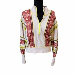 Free People Half Zip Pullover Sweatshirt Tribal Print Neon Yellow Trim